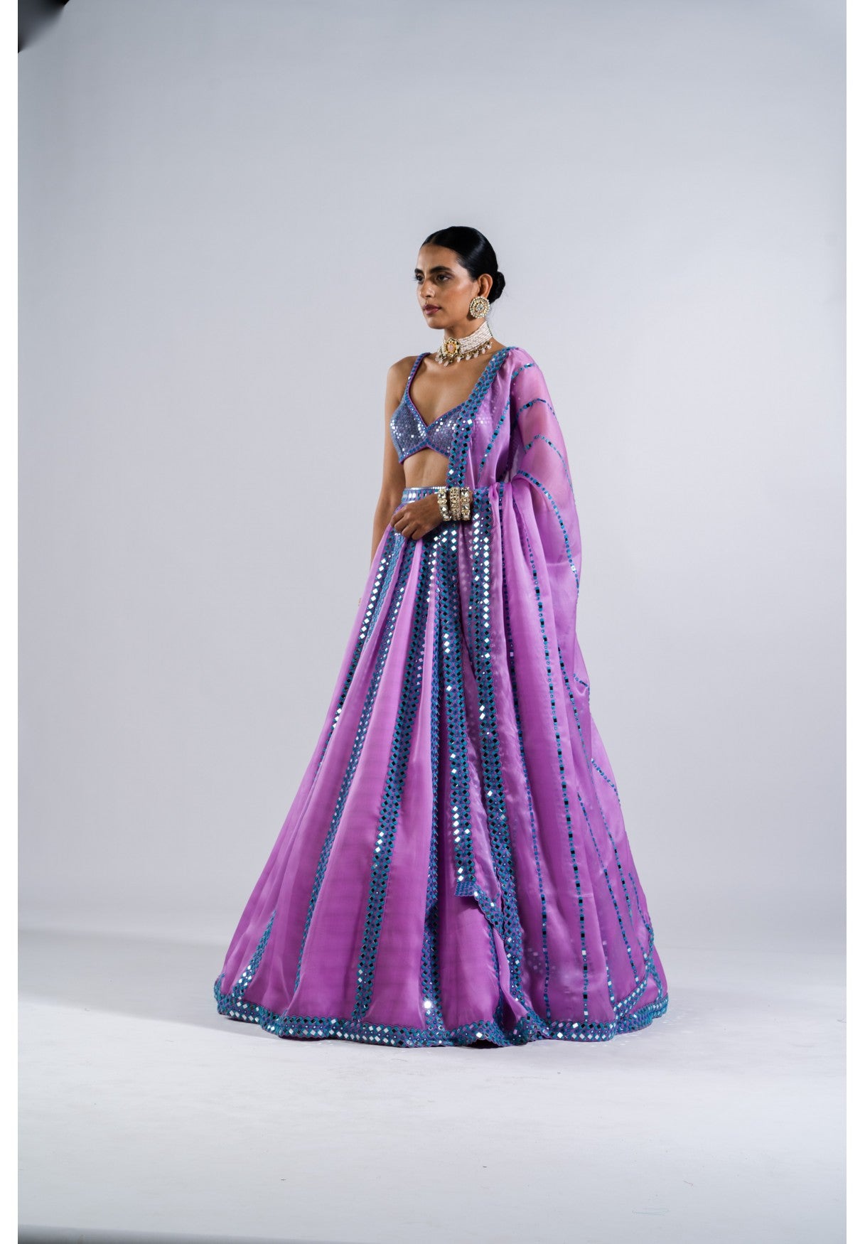 Mauve Mirror Seam Lehenga Set With Metallic Blouse