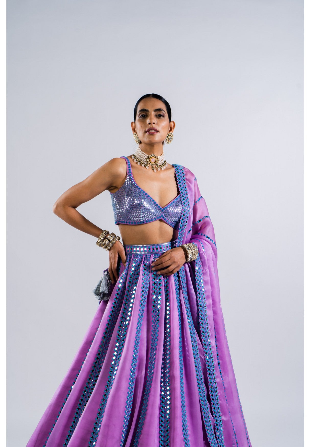 Mauve Mirror Seam Lehenga Set With Metallic Blouse
