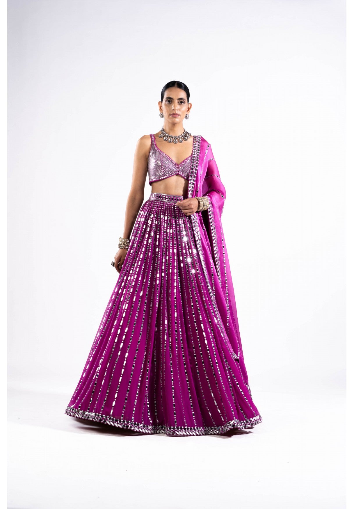 Pop Wine Linear Drop Lehenga With Metallic Blouse