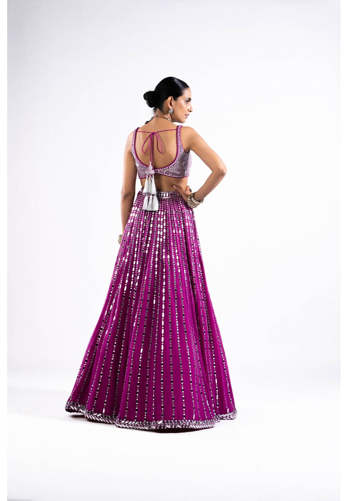 Pop Wine Linear Drop Lehenga With Metallic Blouse