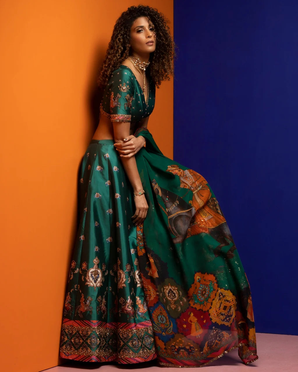 Emerald Green Placement Embroidery Lehenga Set