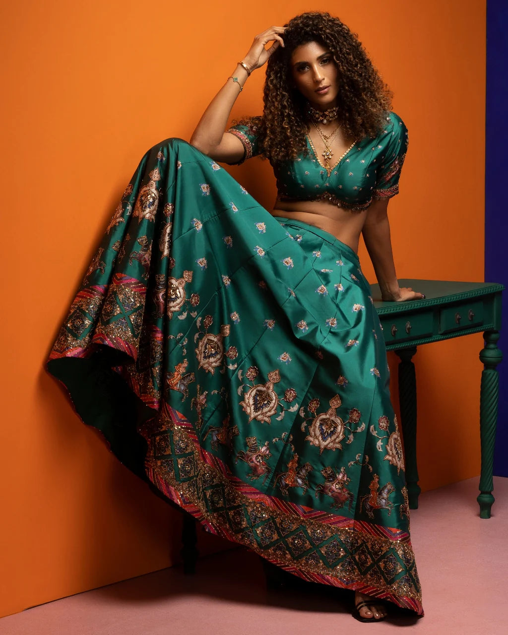 Emerald Green Placement Embroidery Lehenga Set