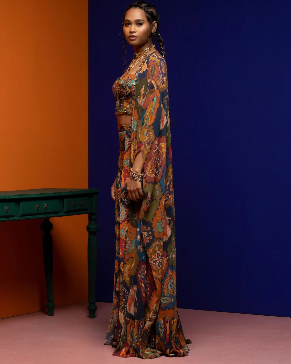 Multicolor All Over Print Crop Cape Pant Set