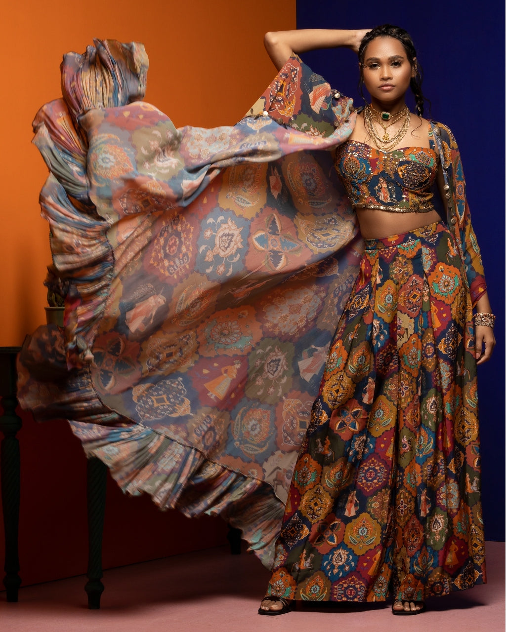 Multicolor All Over Print Crop Cape Pant Set