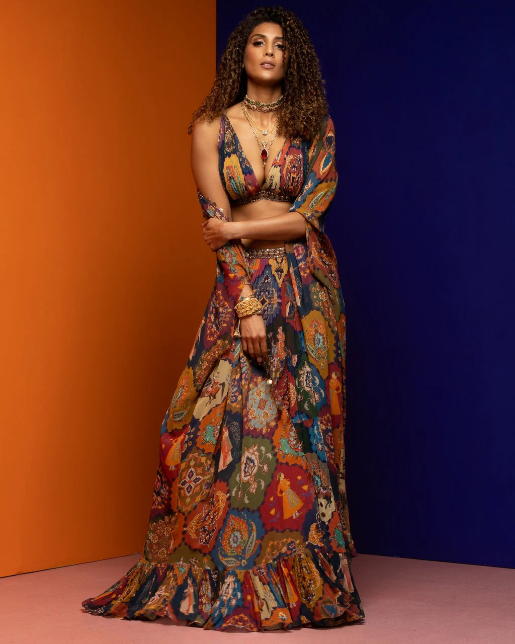 Multicolor Flowy Lehenga & Cape Set