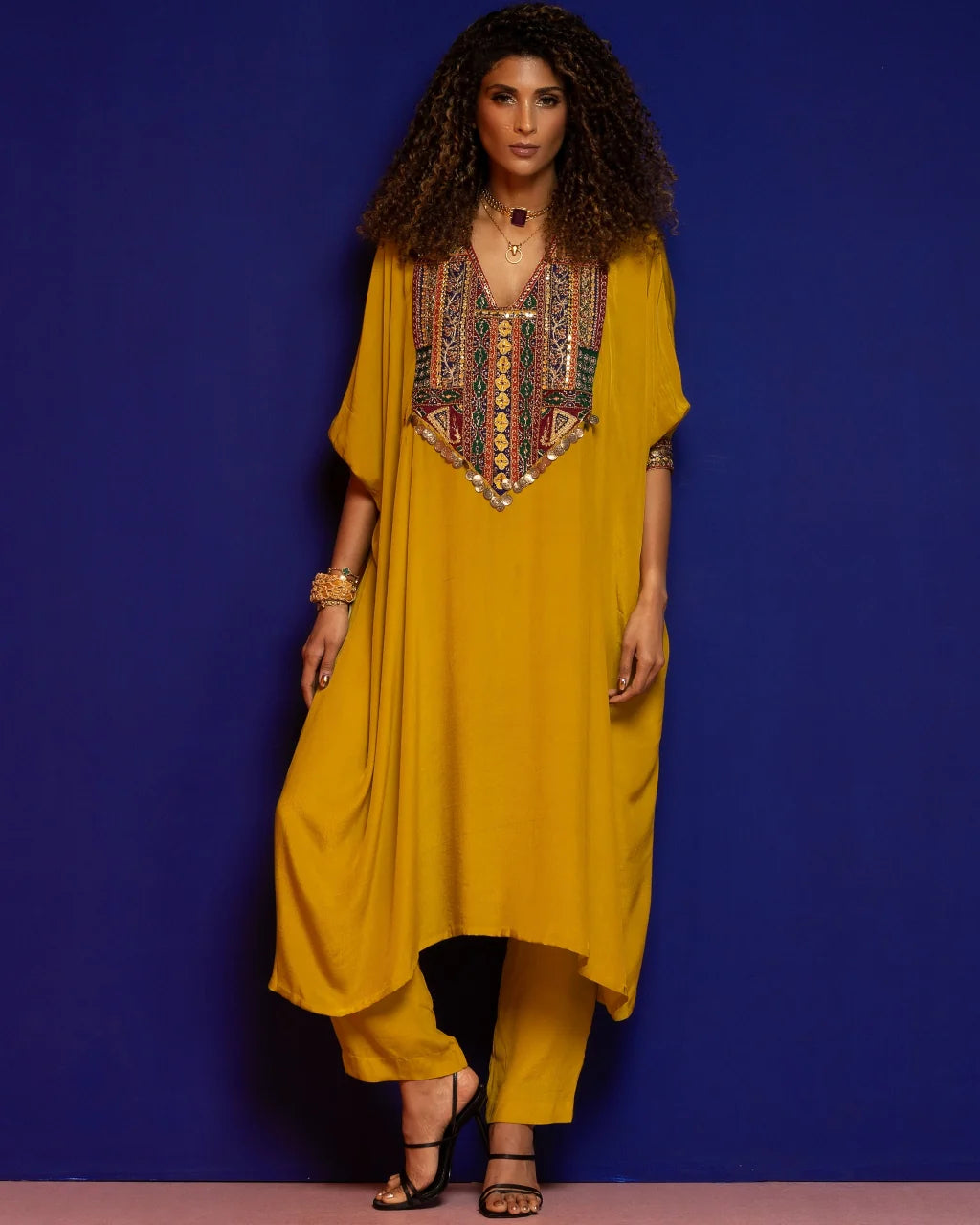 Mustard Embroidered Kaftan Kurta Set
