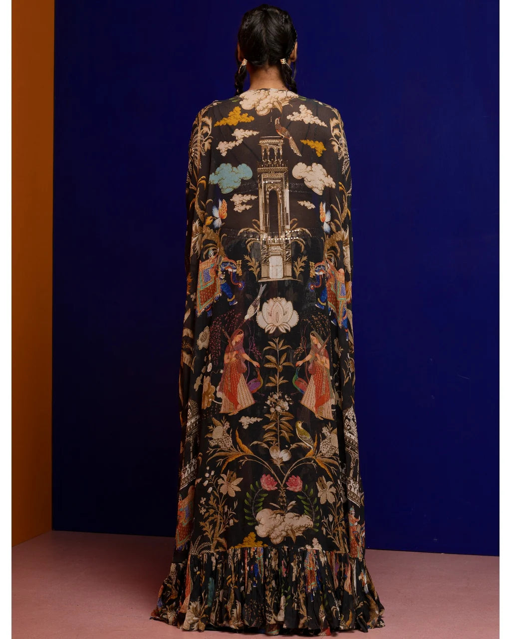 Black Printed Corset And Cape Set