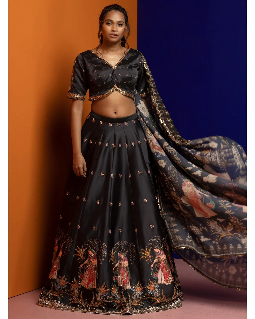 Black Peacock Embroidered Lehenga Set