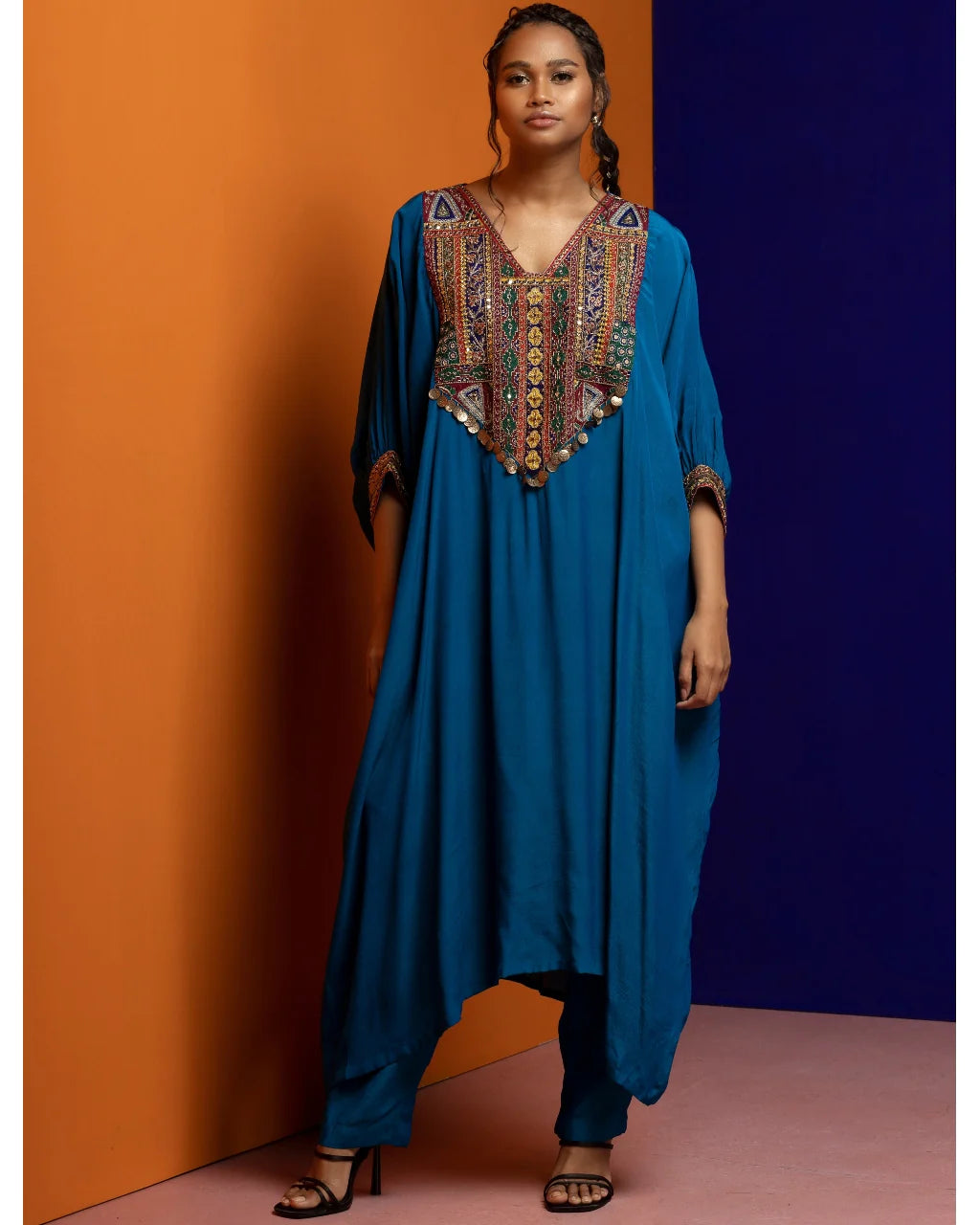 Teal Embroidered Kaftan Kurta Set