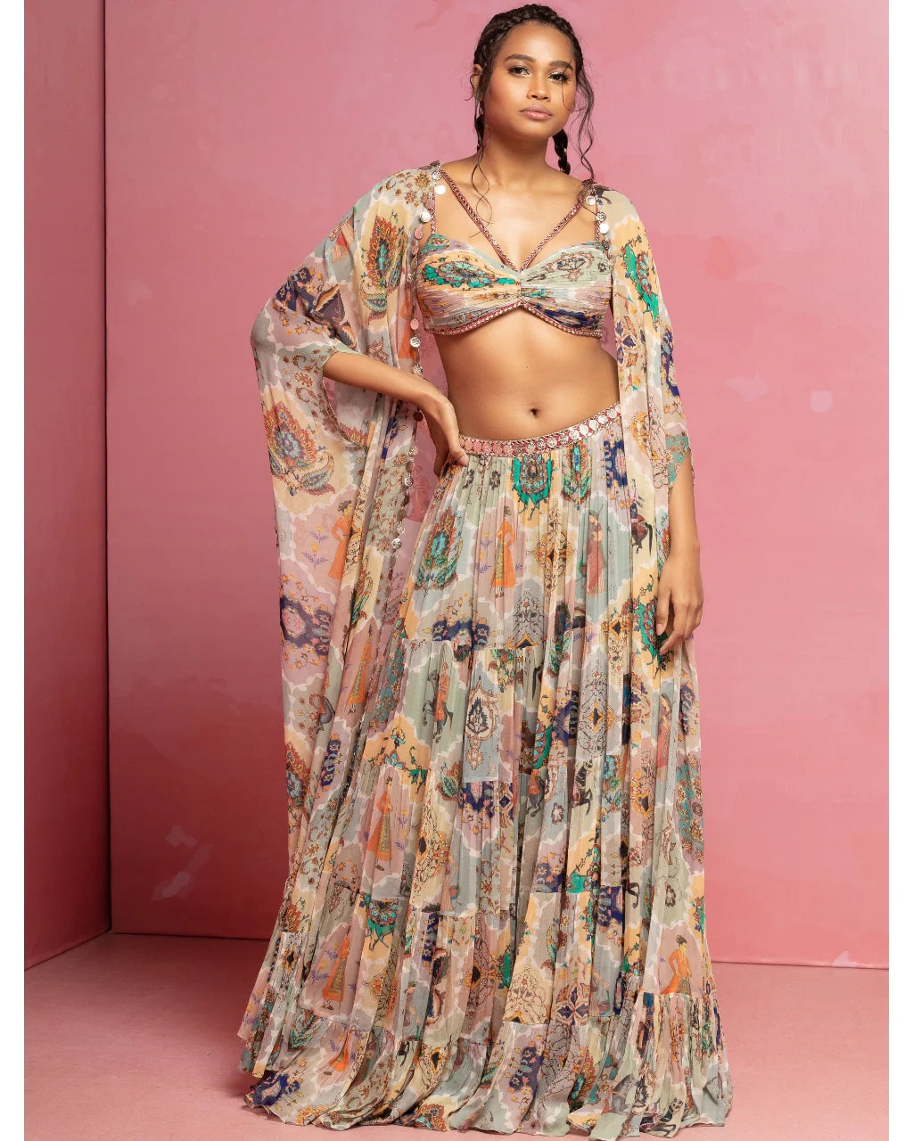 Cream Printed Flowy Skirt And Cape Set