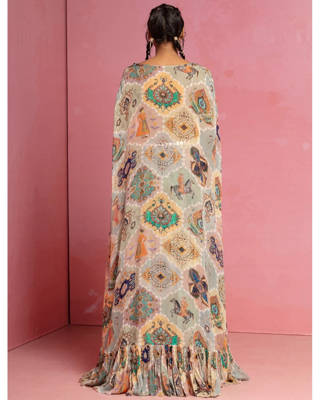 Cream Printed Flowy Skirt And Cape Set