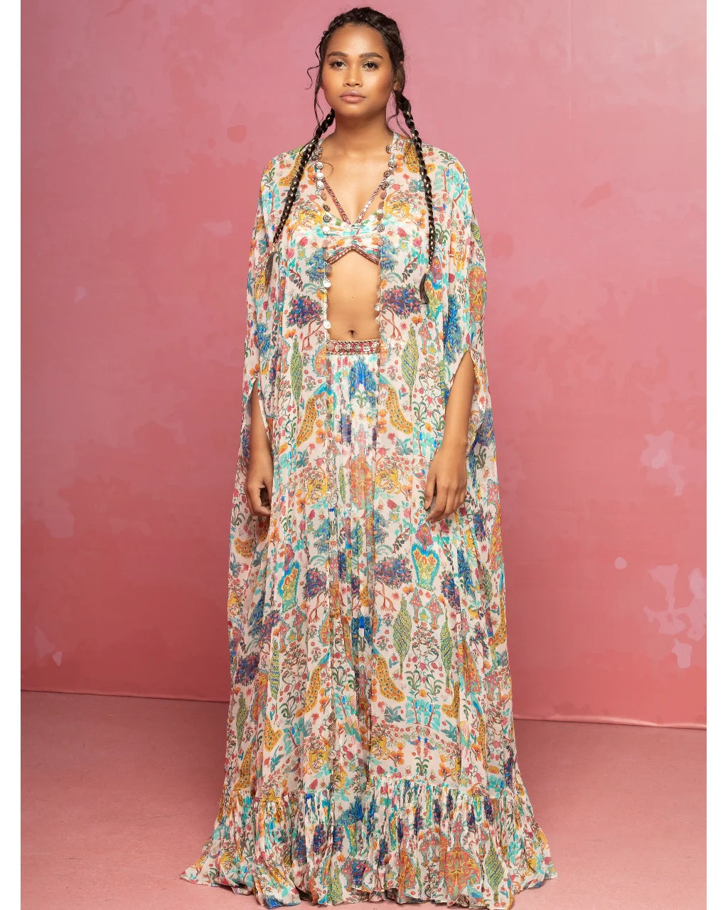 Ivory Printed Flowy Skirt And Cape Set