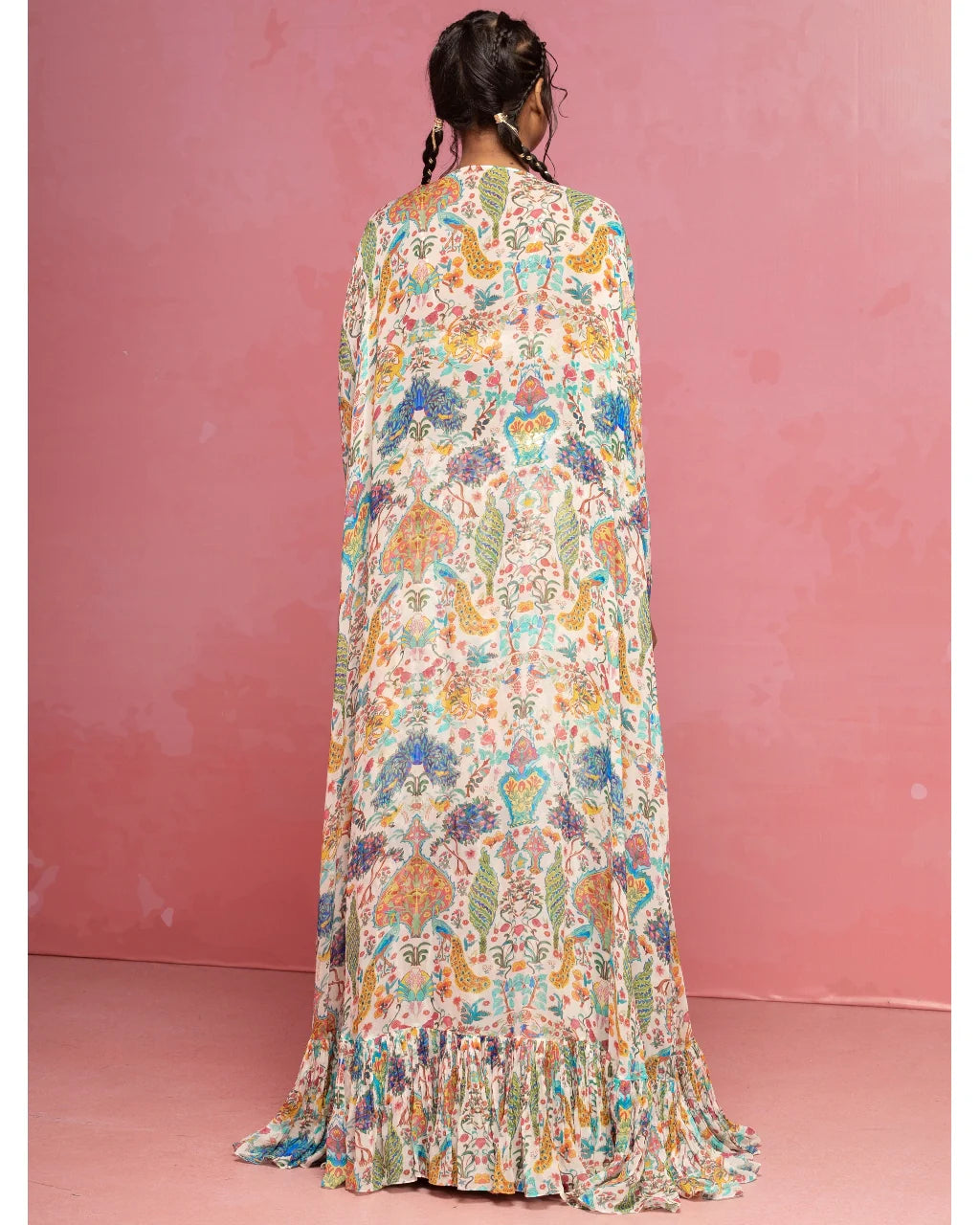 Ivory Printed Flowy Skirt And Cape Set