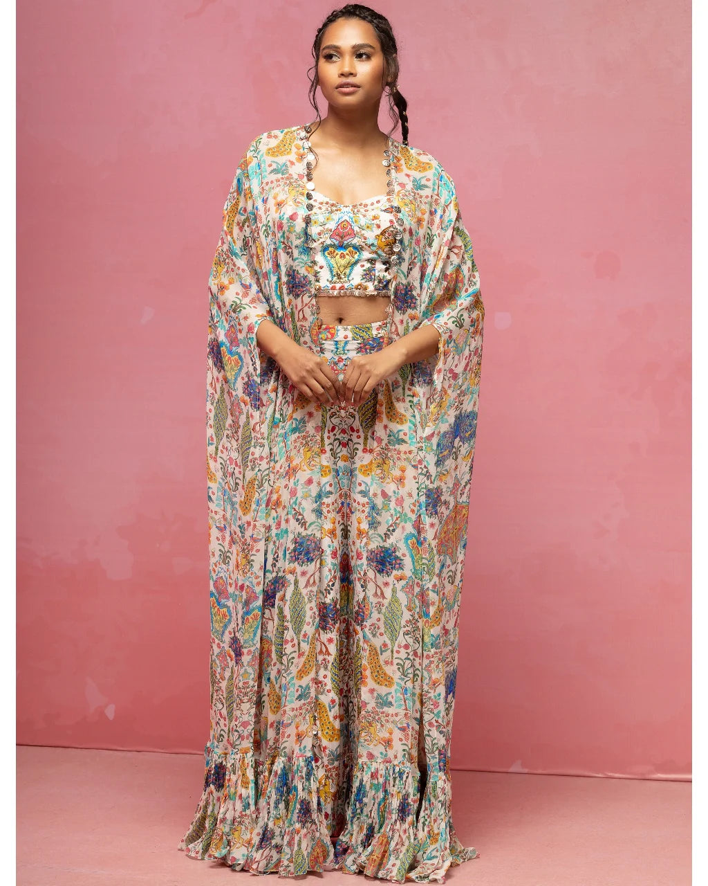 Ivory Printed Corset And Cape Set