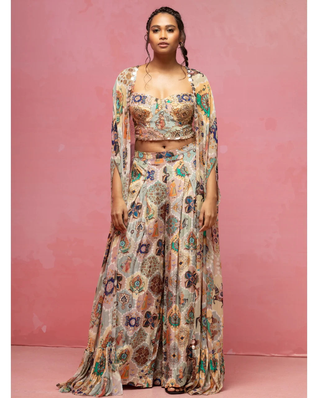 Cream Printed Corset And Cape Set