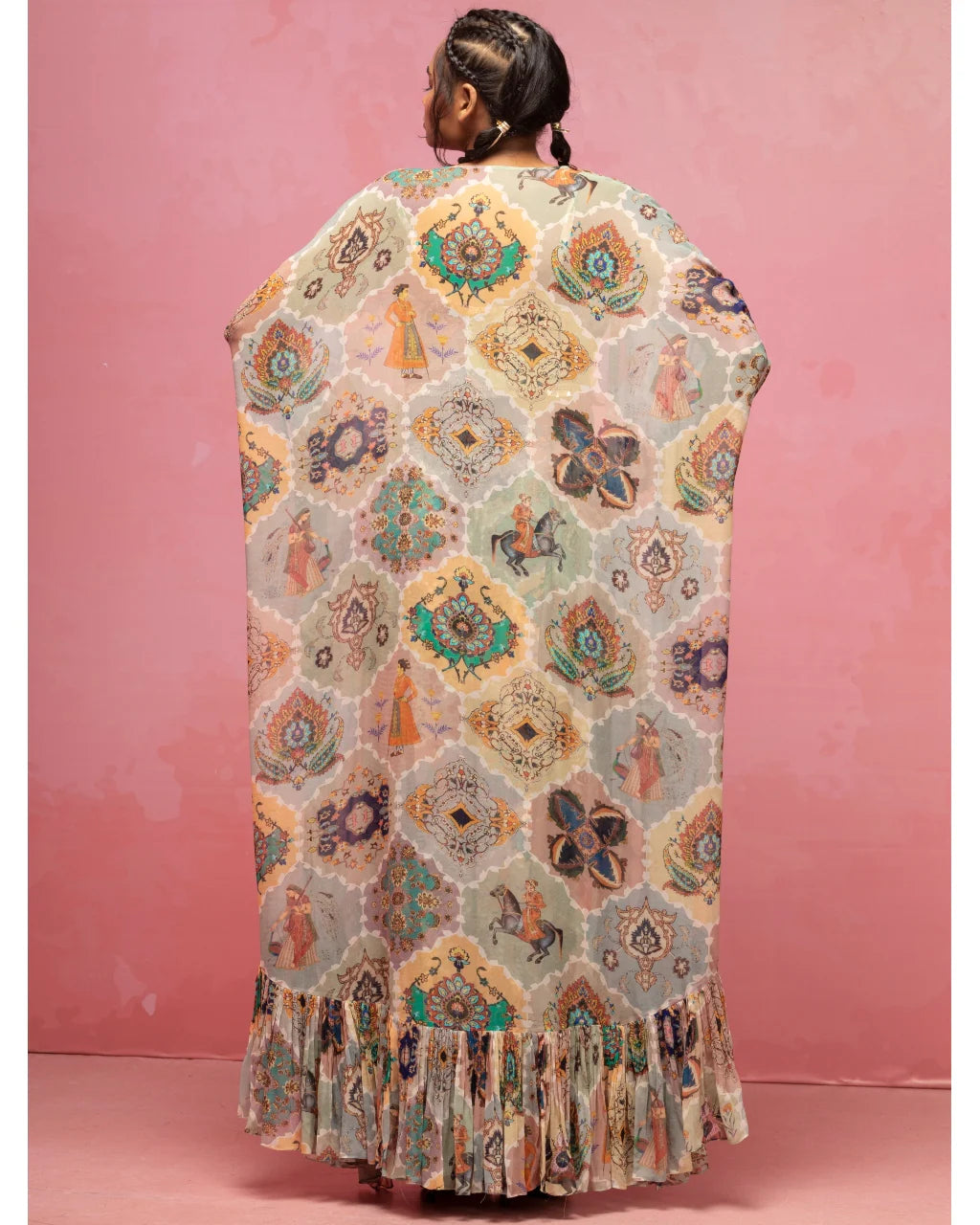 Cream Printed Corset And Cape Set