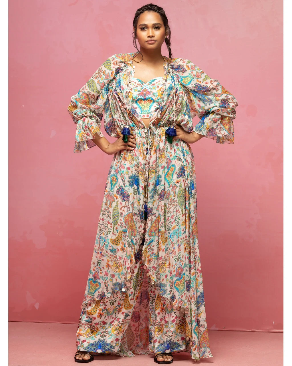 Ivory Crepe Printed Flowy Cape Set