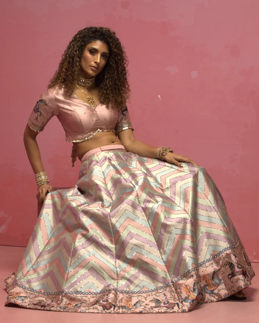 Multicolor Printed And Embroidered Lehenga Set