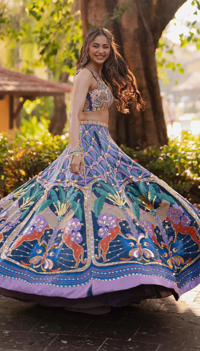 RAKUL PREET LEHENGA IN LYONS- TROPICAL BLUE PRINTED AND EMBELLISHED FULL LEHENGA