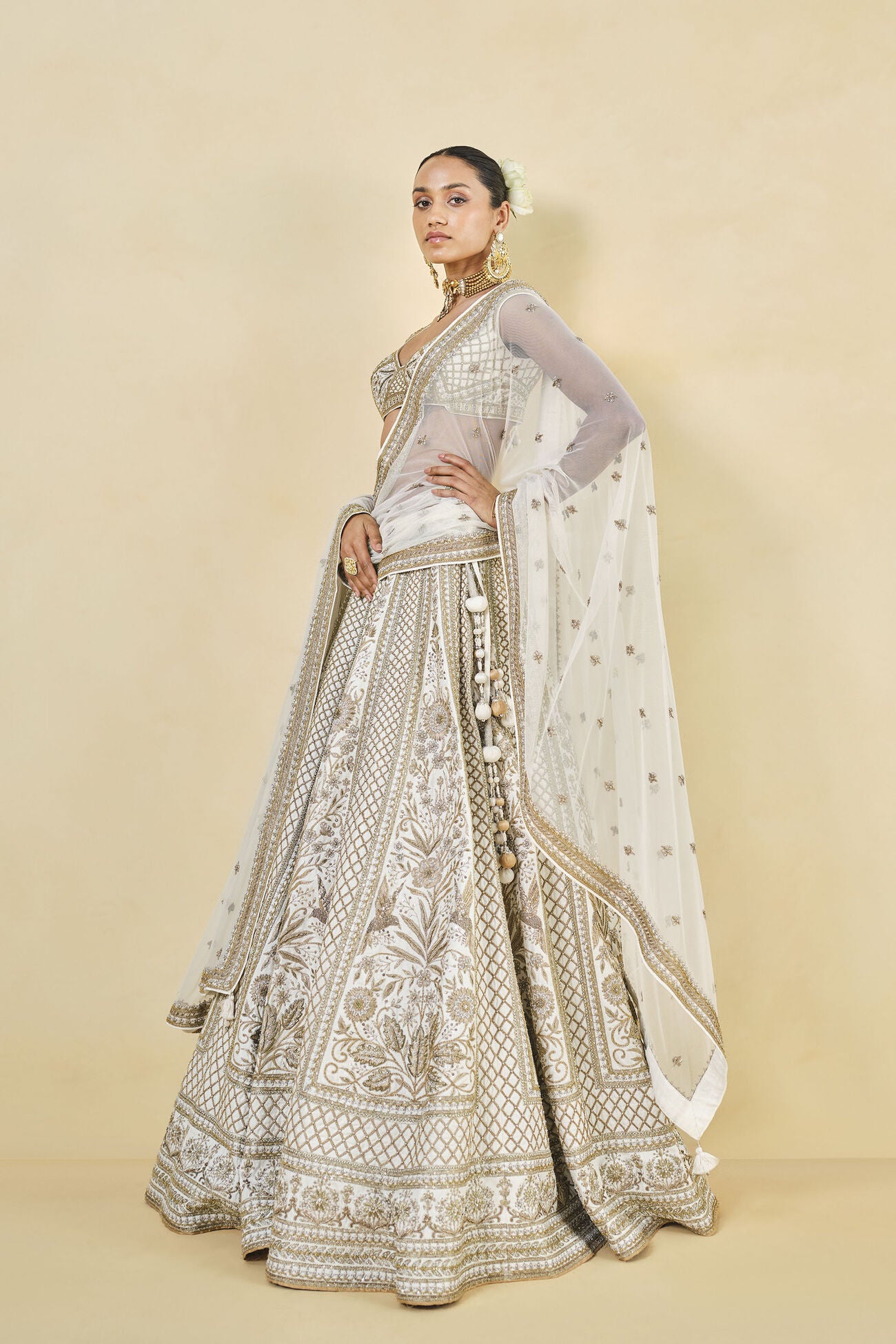 MAHROO ZARDOZI EMBROIDERED SILK LEHENGA SET - WHITE