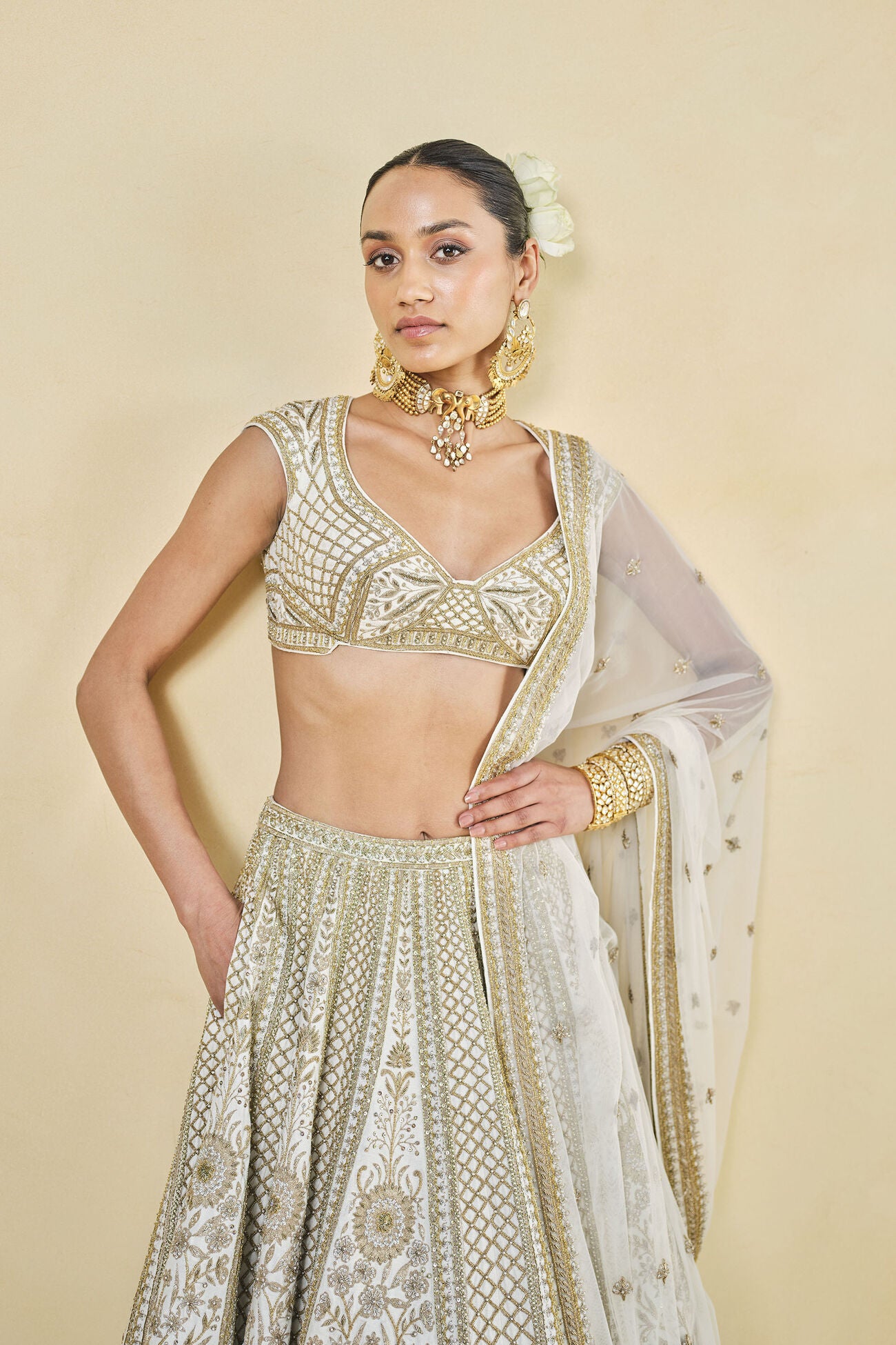 MAHROO ZARDOZI EMBROIDERED SILK LEHENGA SET - WHITE