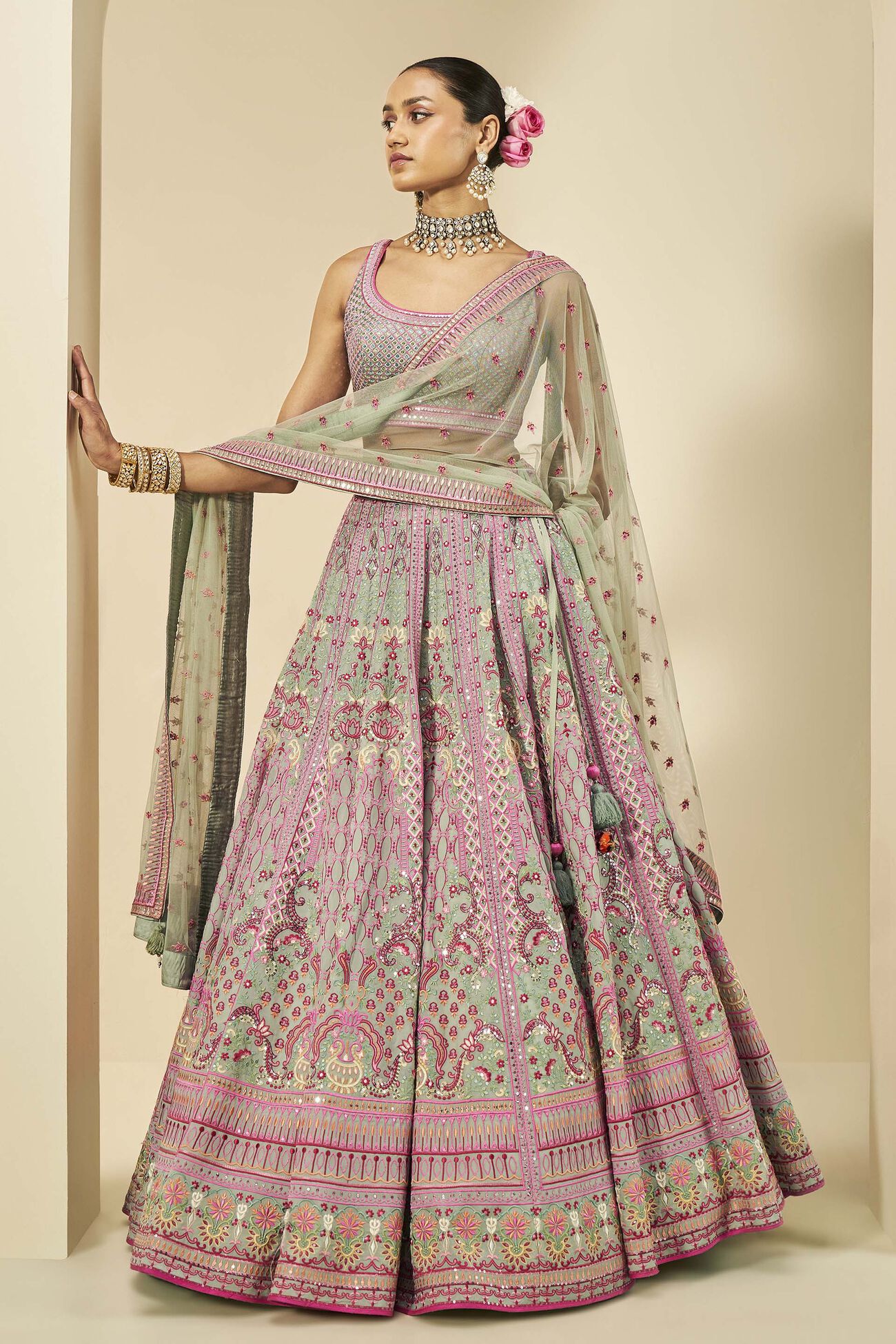 AASHIRYA EMBROIDERED LEHENGA SET - SAGE