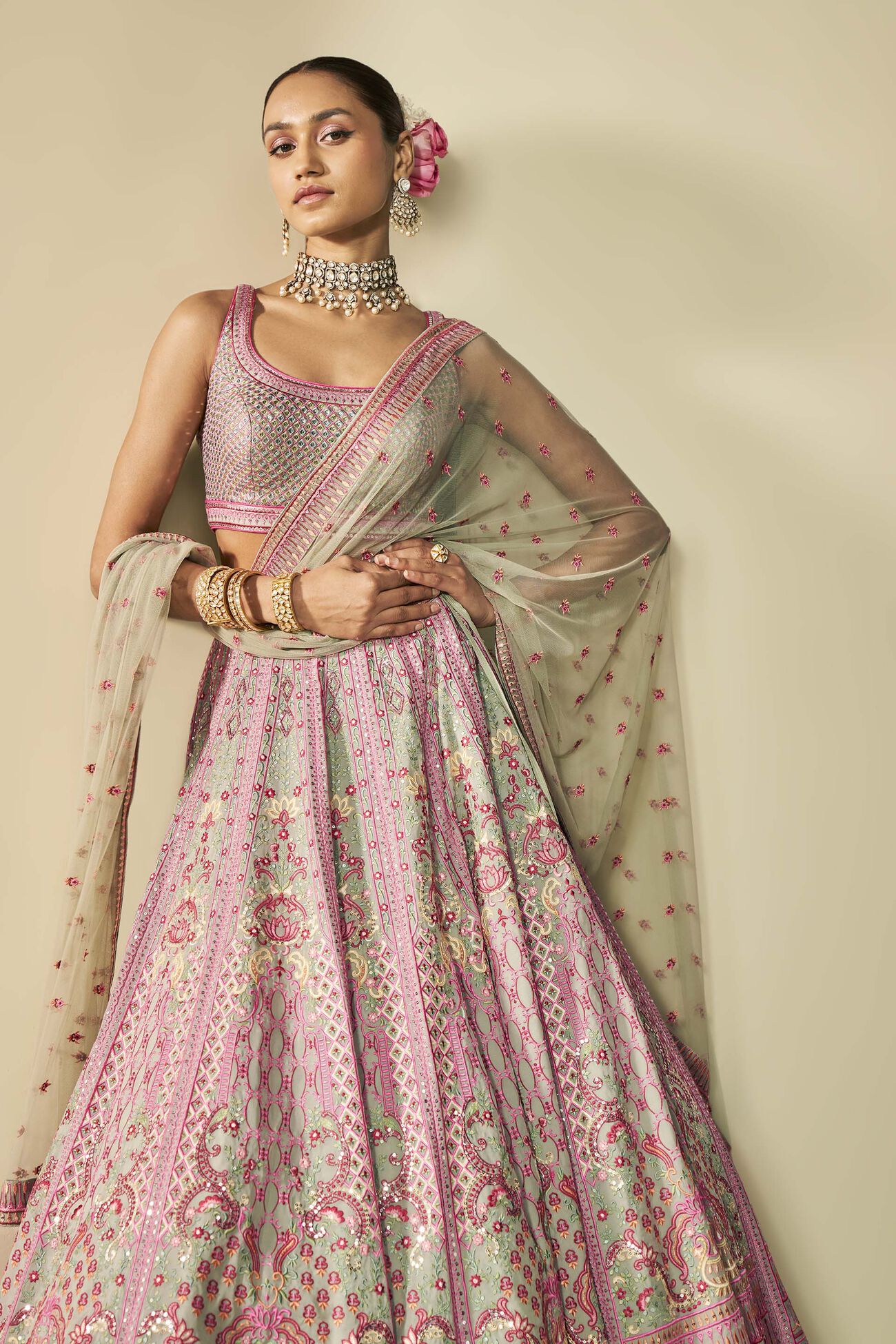AASHIRYA EMBROIDERED LEHENGA SET - SAGE