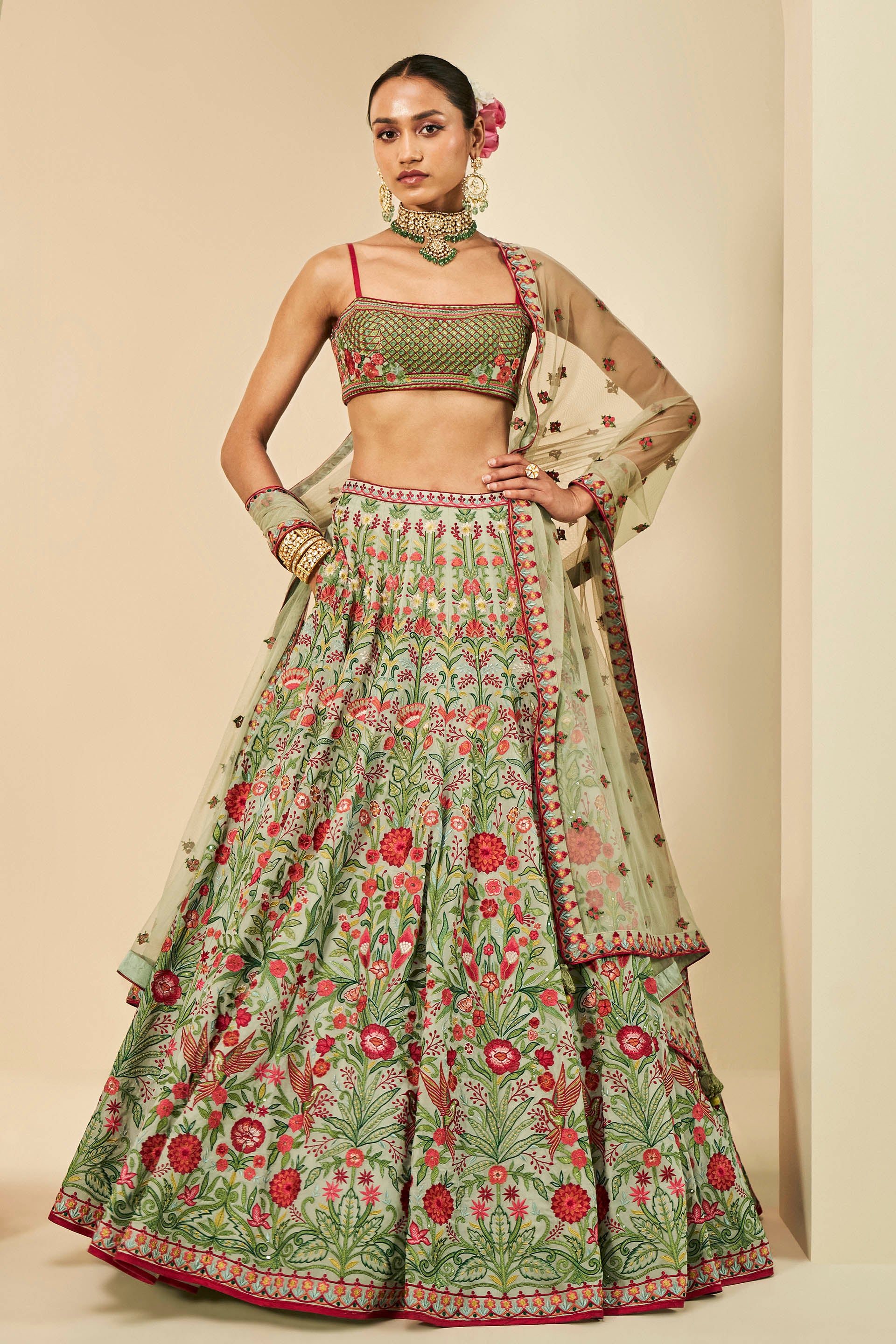 MELUSINE EMBROIDERED LEHENGA SET - SAGE