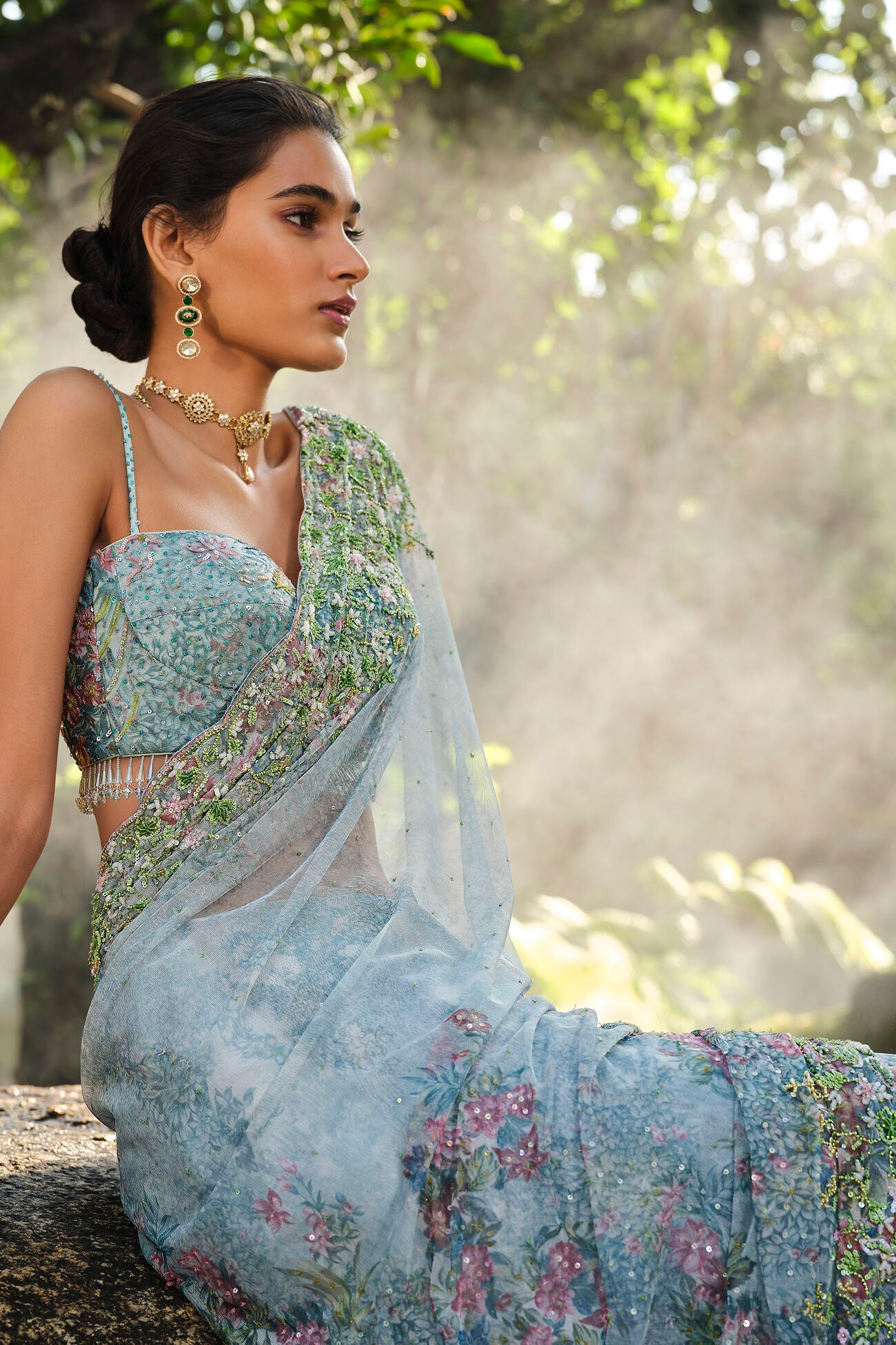 Blooming Meadows Embroidered Saree - Powder Blue