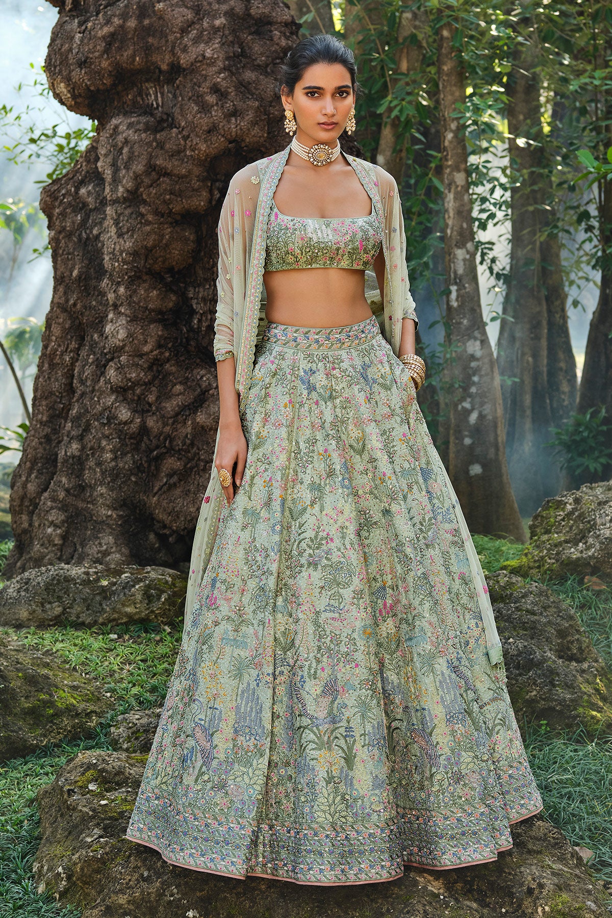 Alazani Embroidered Silk Lehenga Set - Sage