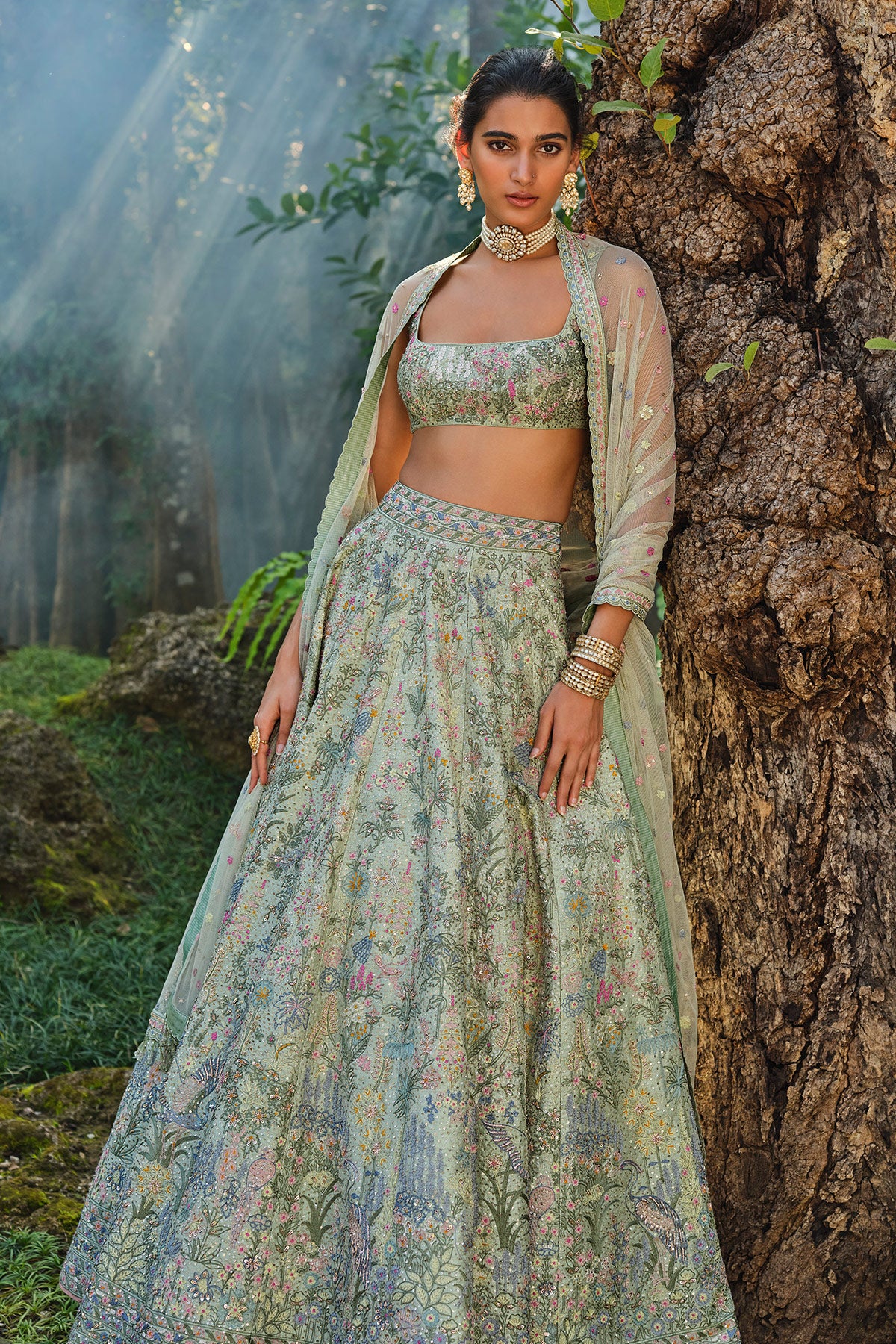 Alazani Embroidered Silk Lehenga Set - Sage