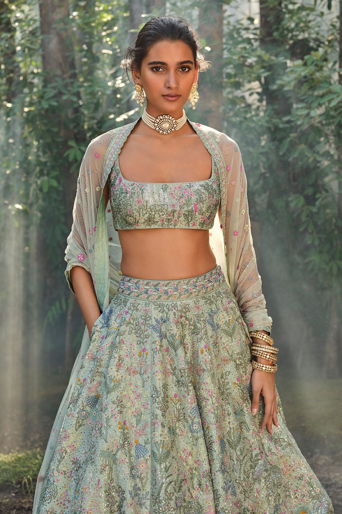 Alazani Embroidered Silk Lehenga Set - Sage