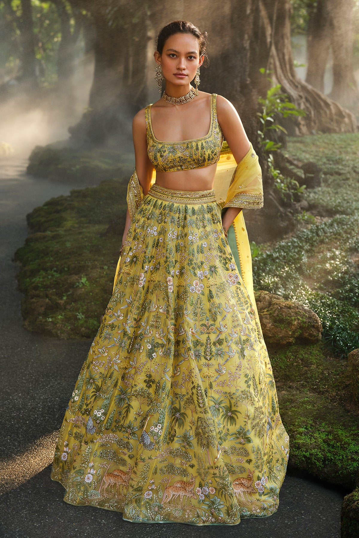 Meadowlark Hand-Painted Pichhwai Silk Lehenga Set - Yellow