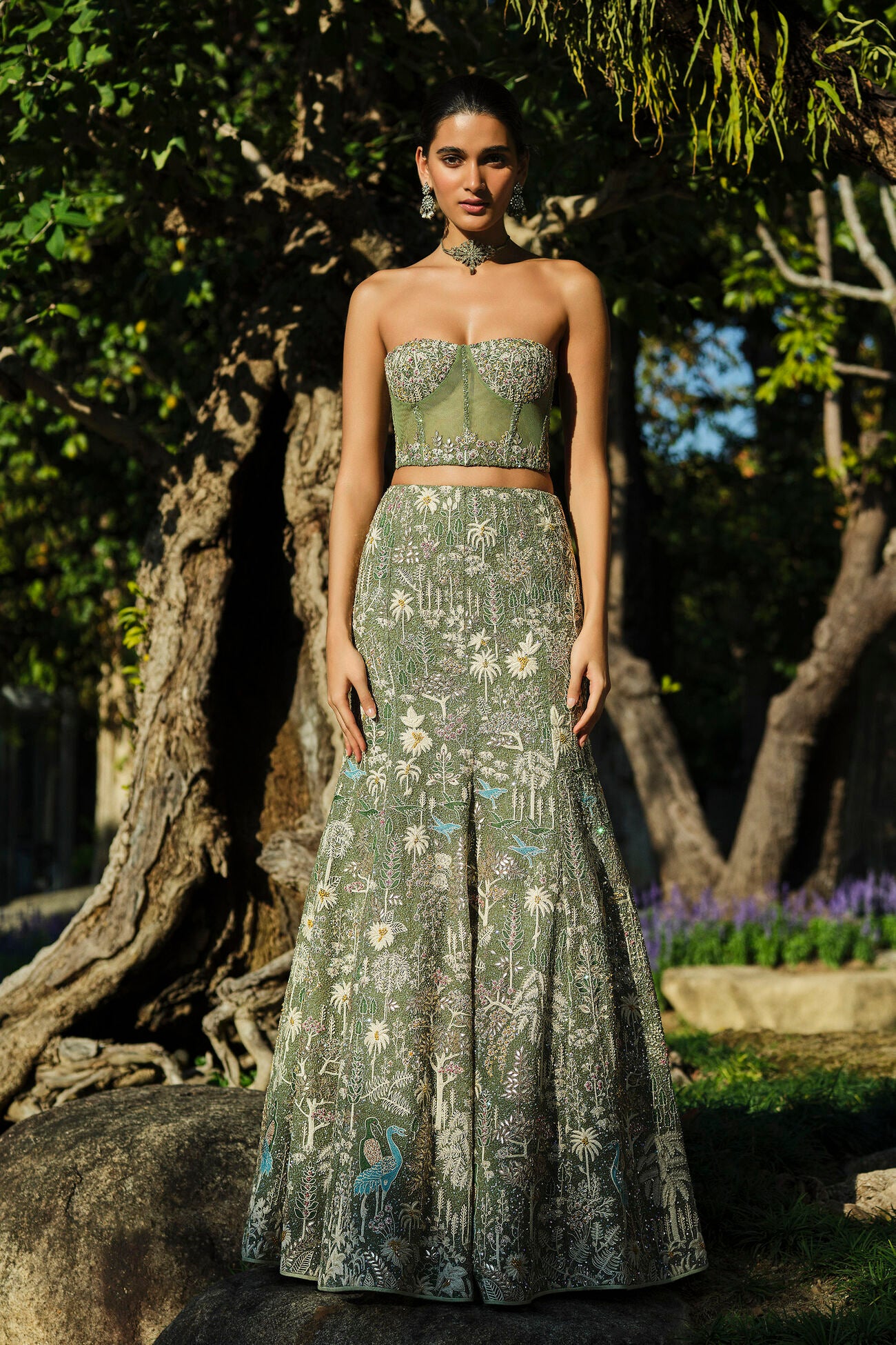 Elodea Embroidered Silk Skirt Set - Sage