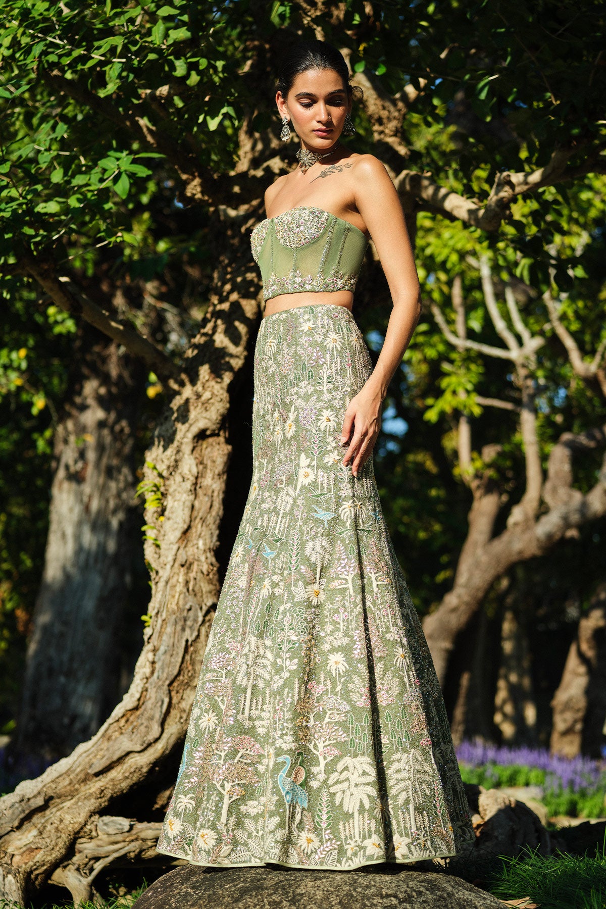 Elodea Embroidered Silk Skirt Set - Sage