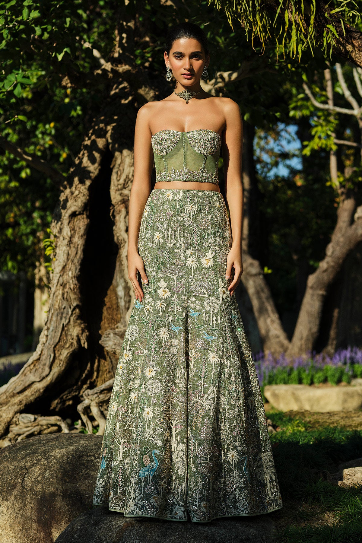 Elodea Embroidered Silk Skirt Set - Sage