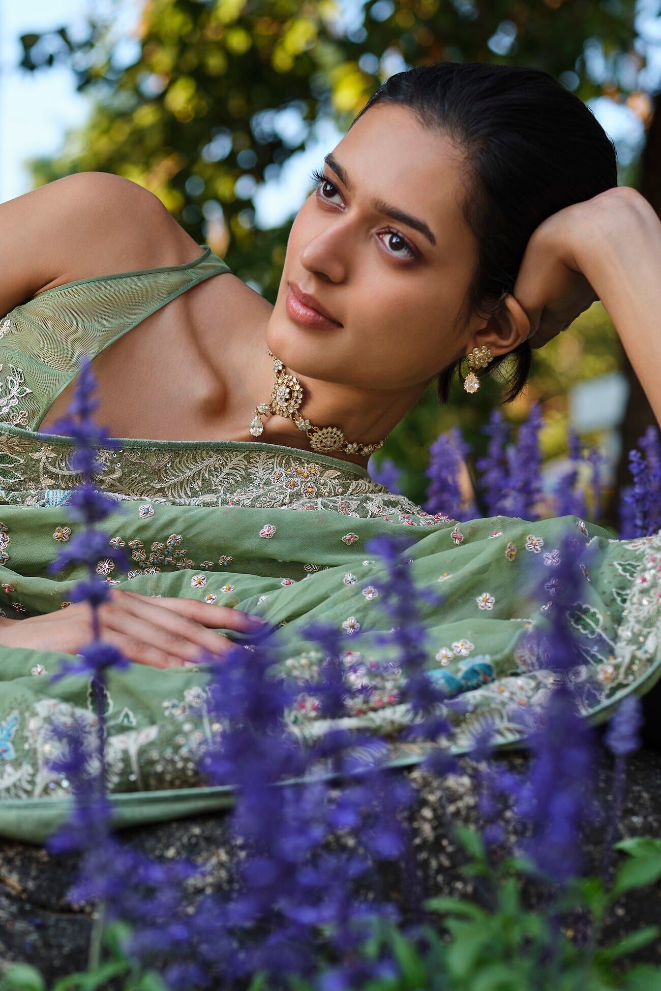 Elodea Embroidered Georgette Saree - Sage