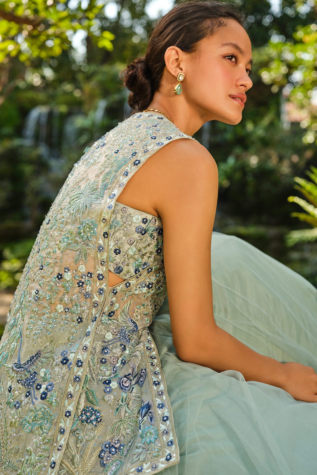 Ardis Embroidered Silk Skirt Set - Sage