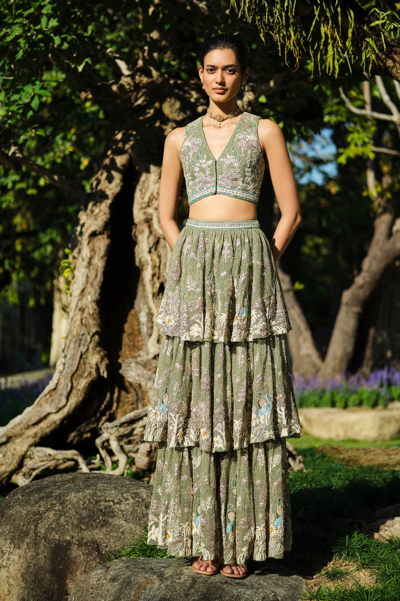 Elodea Embroidered Tiered Skirt Set - Sage