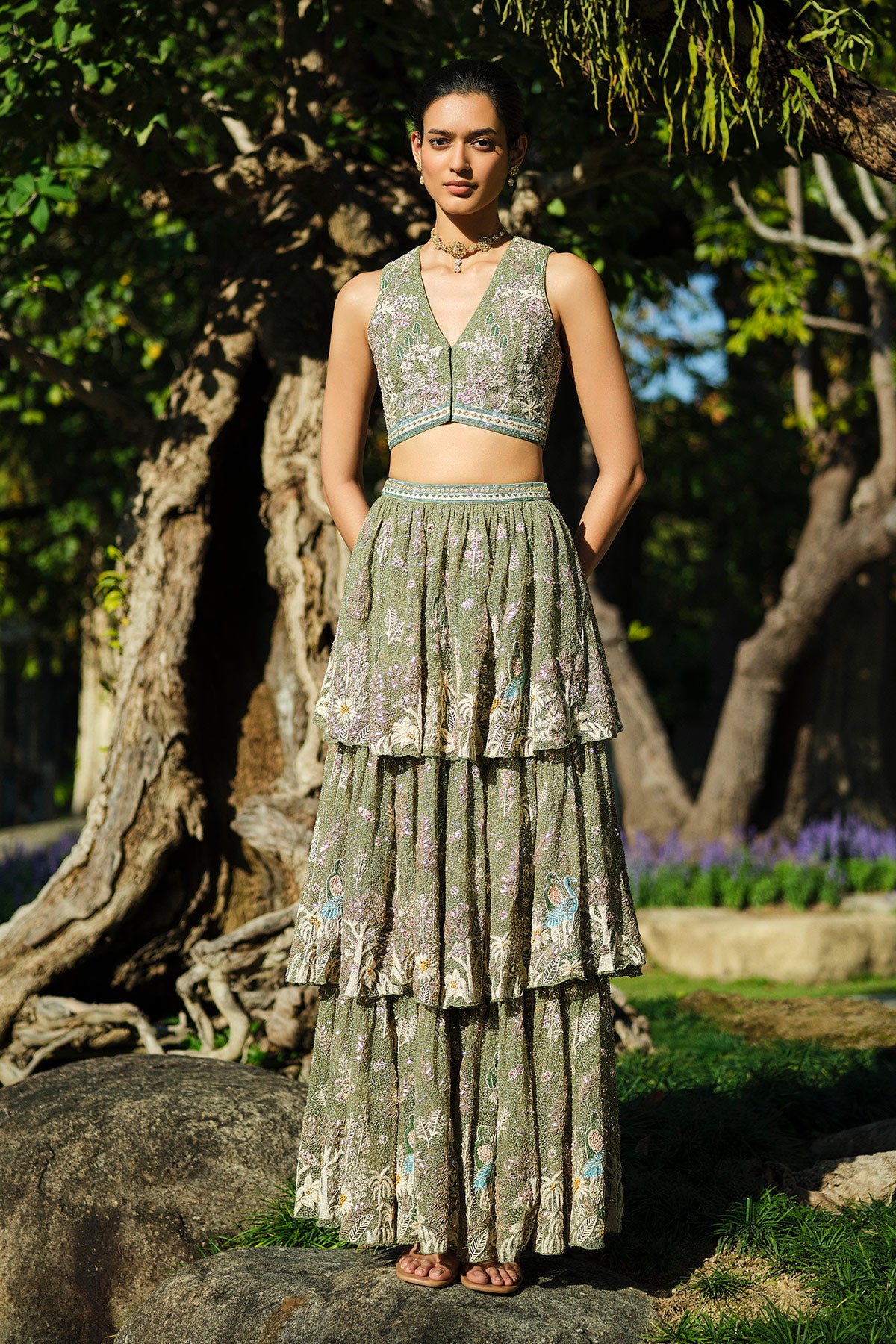 Elodea Embroidered Tiered Skirt Set - Sage