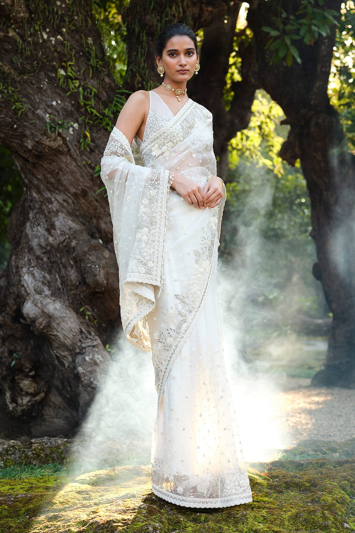 Waterway Embroidered Silk Saree - Ivory