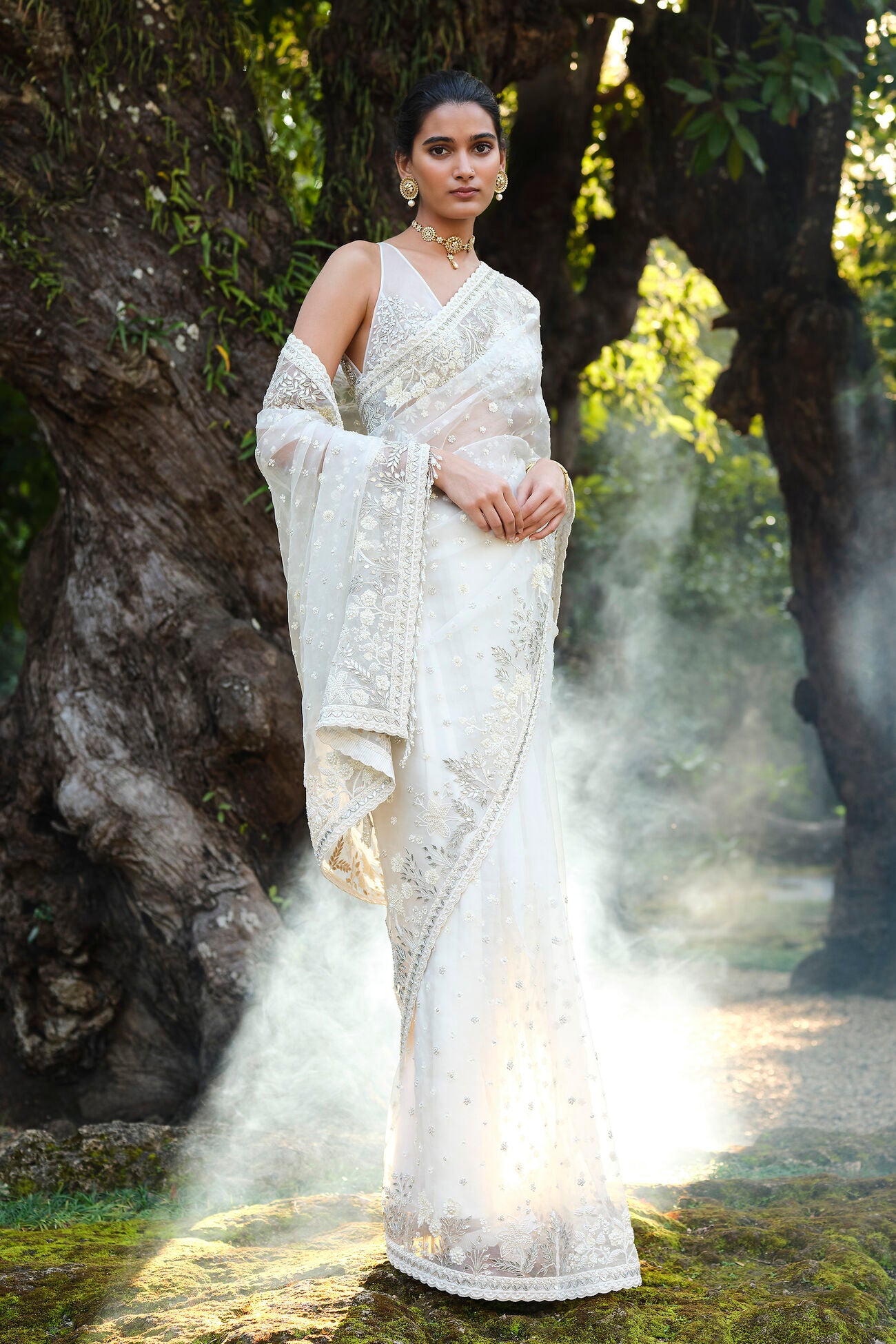 Waterway Embroidered Silk Saree - Ivory