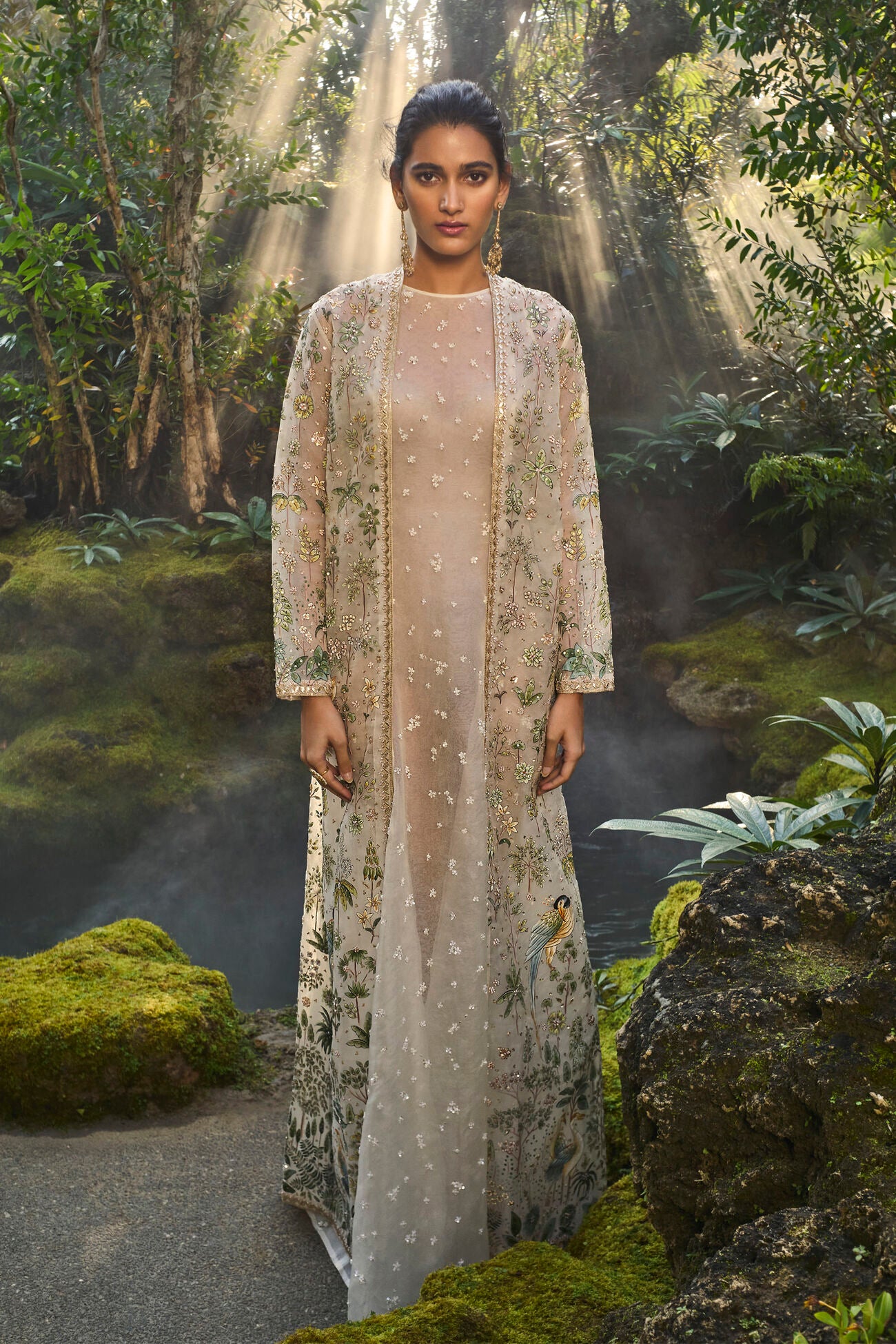 Shajar Hand-painted Pichhwai Silk Jacket Set - Ivory