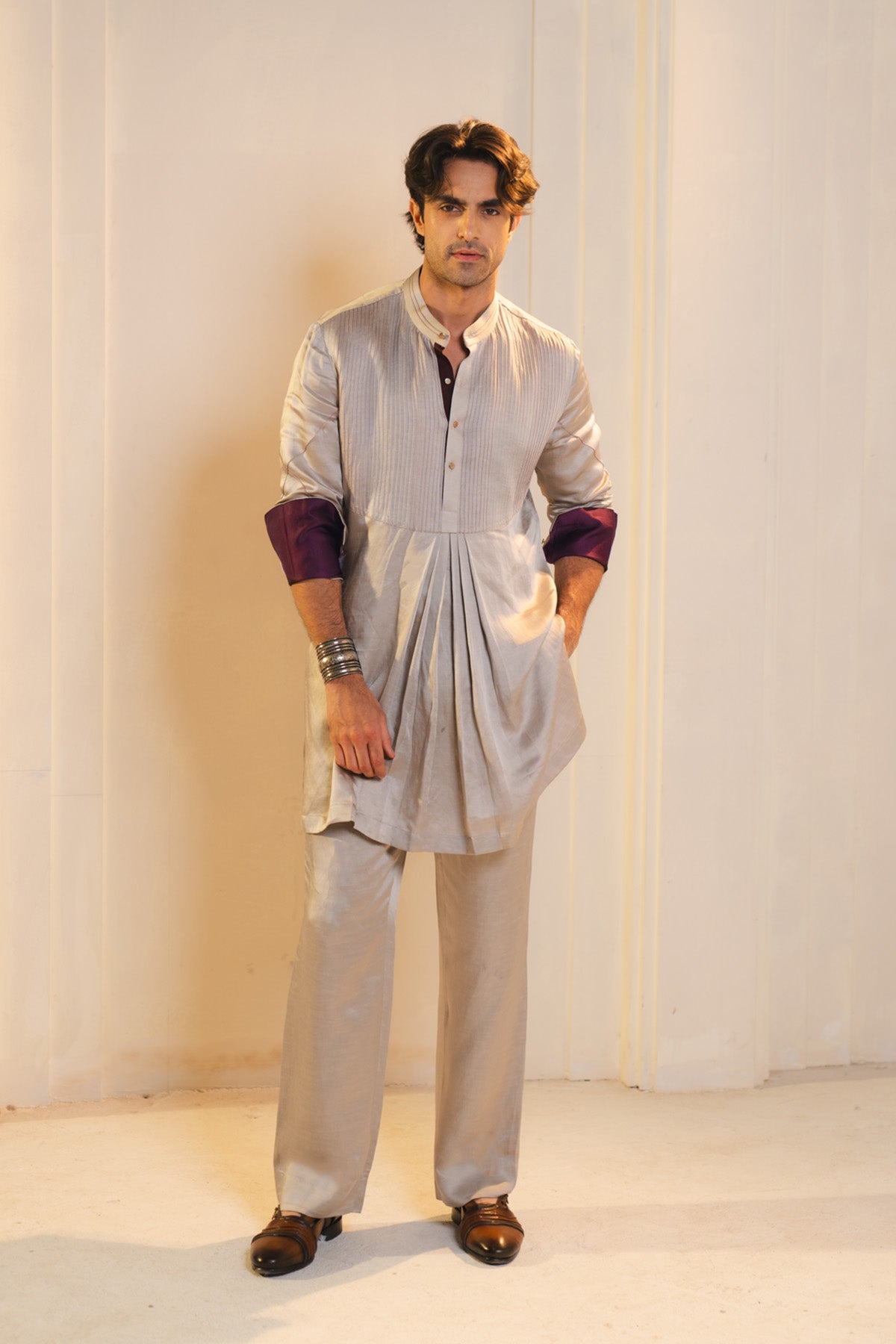 Silver And Wine Handpainted Silk Bandhgala Set