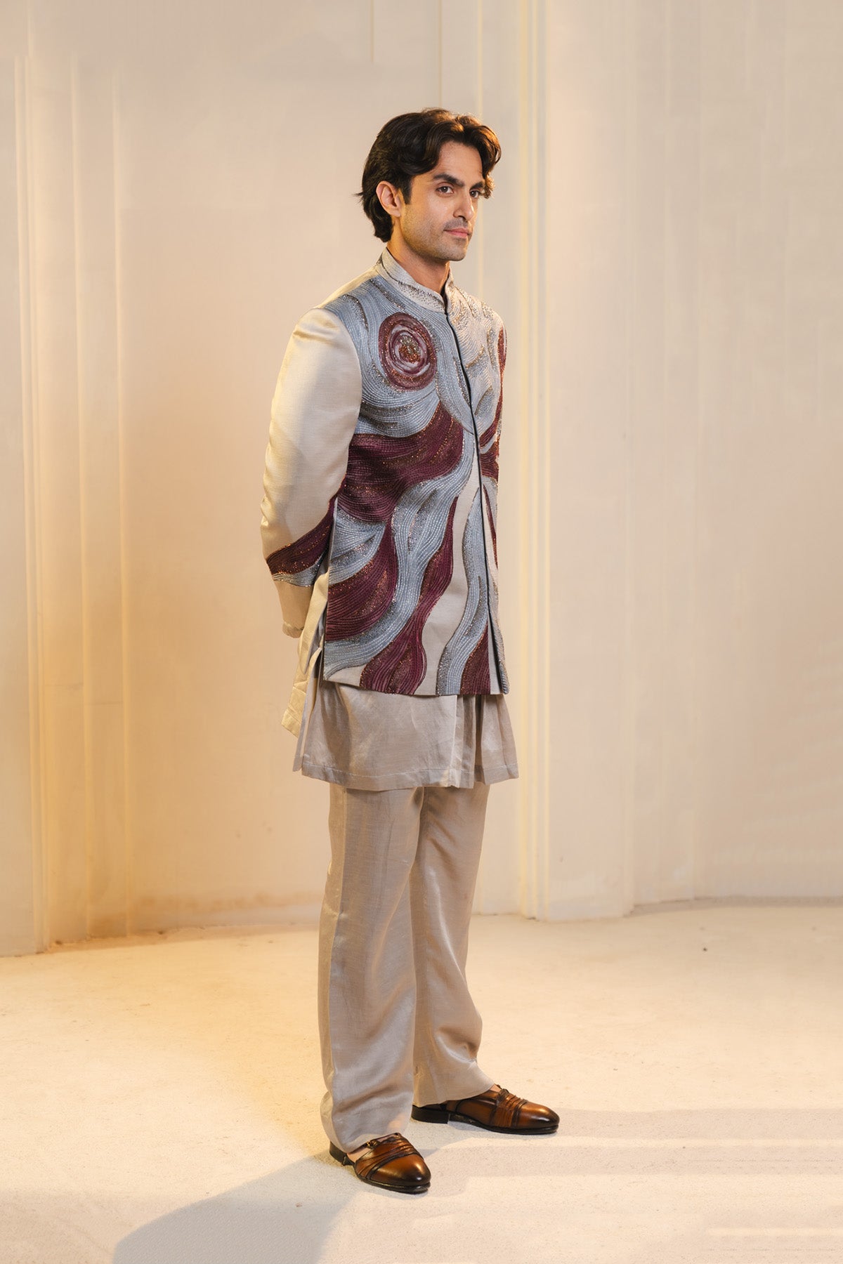 Silver And Wine Handpainted Silk Bandhgala Set