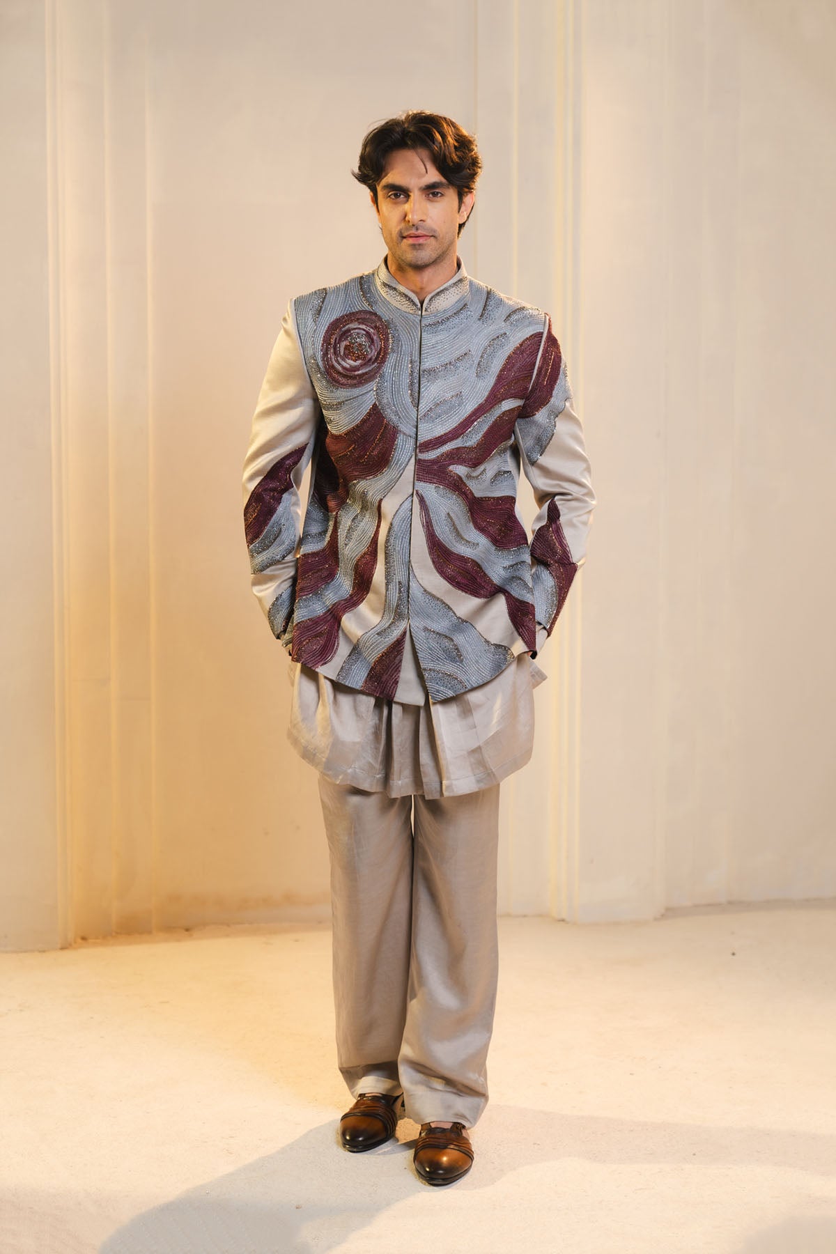Silver And Wine Handpainted Silk Bandhgala Set