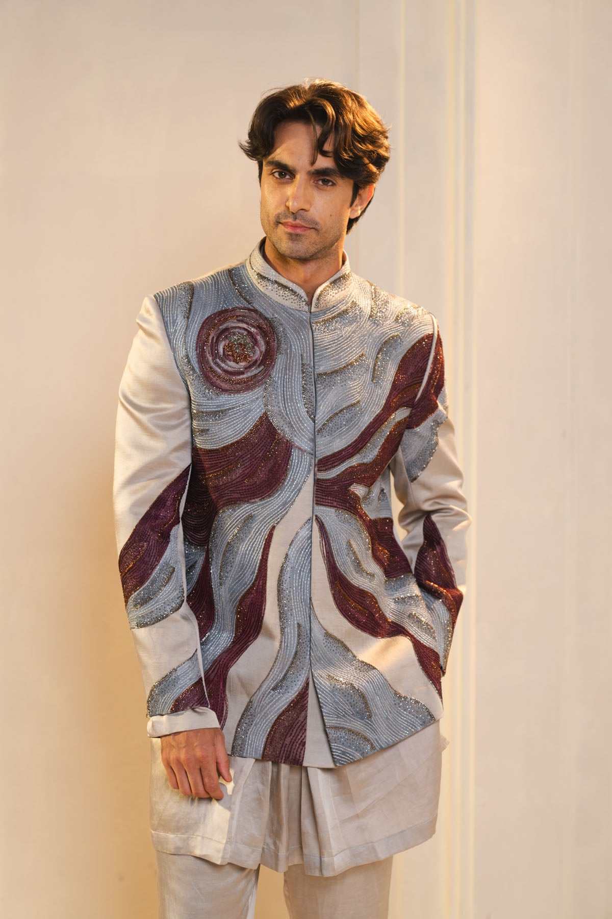 Silver And Wine Handpainted Silk Bandhgala Set