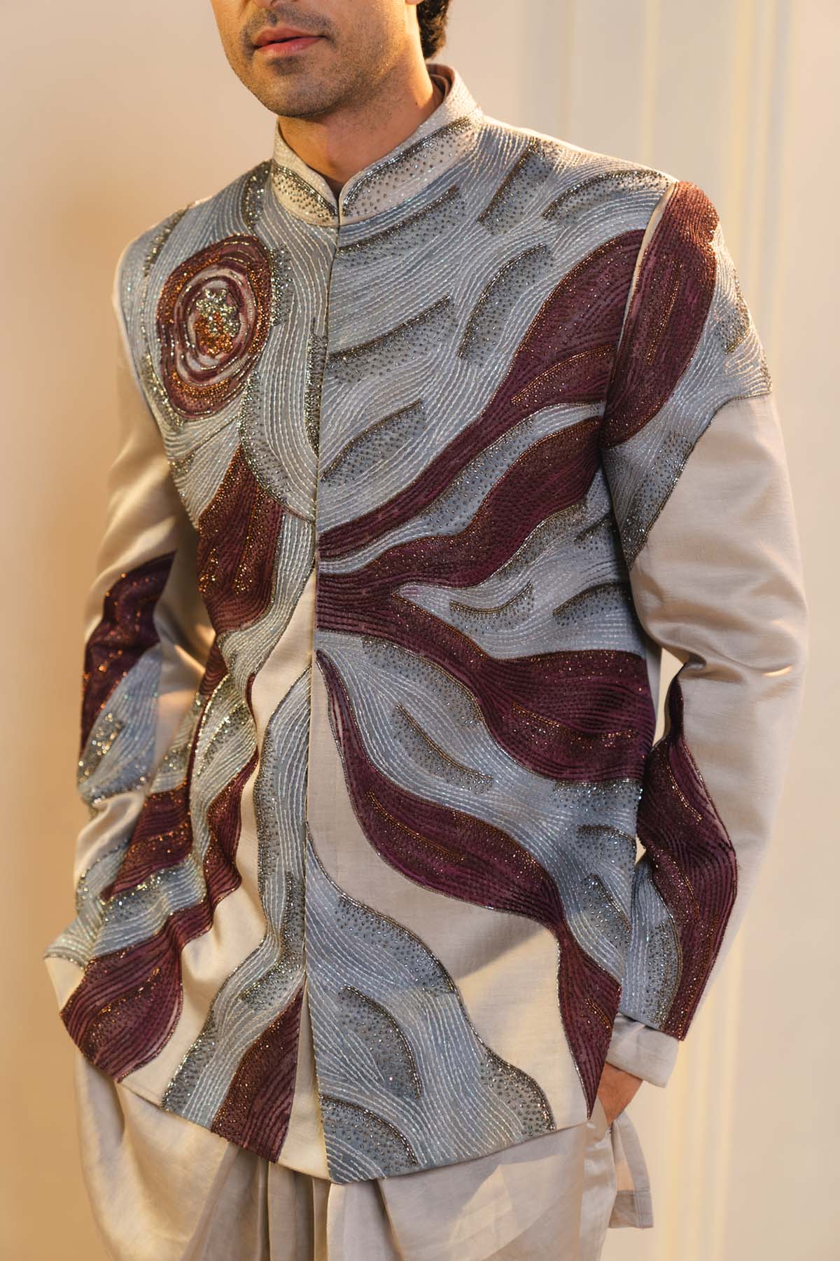 Silver And Wine Handpainted Silk Bandhgala Set