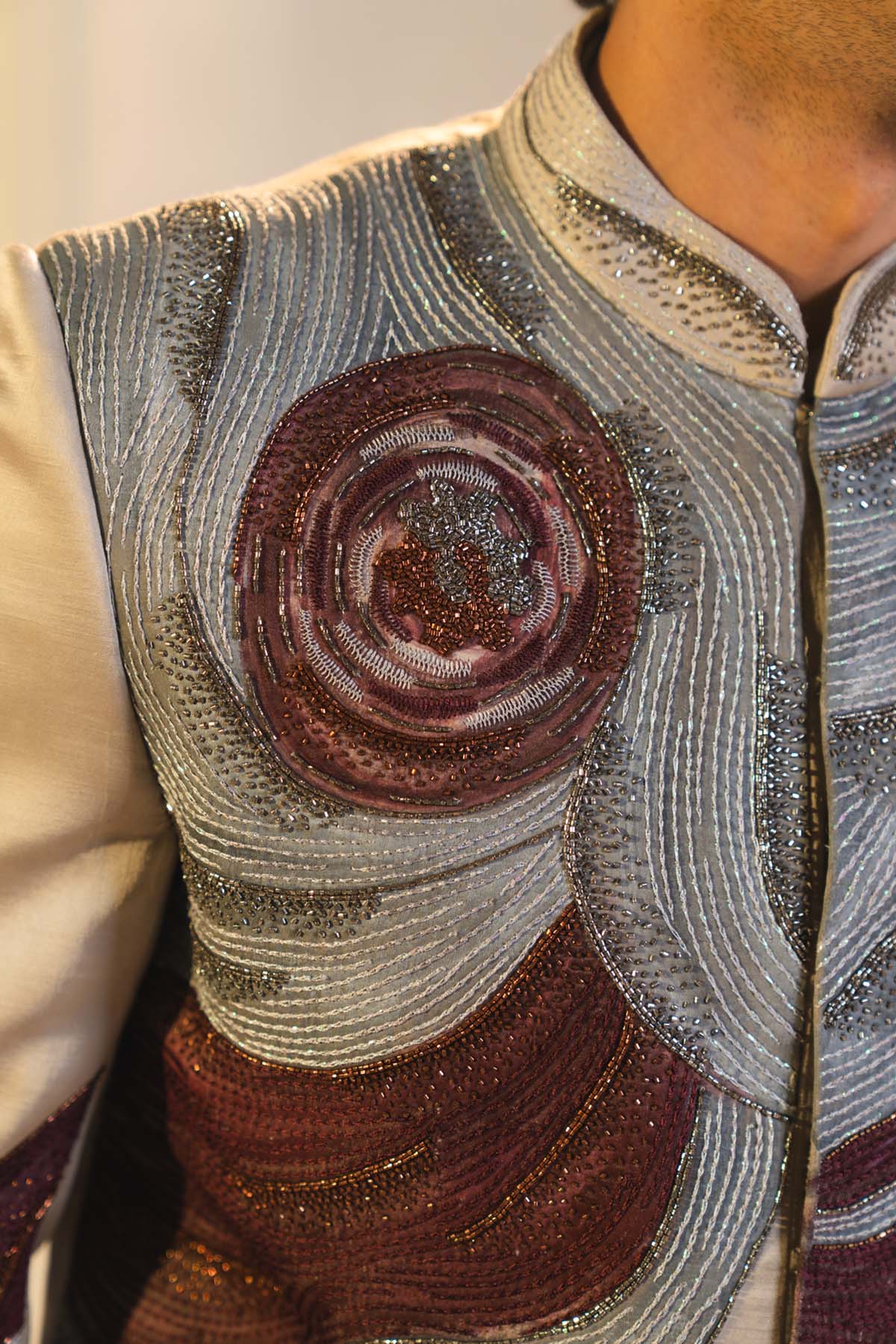 Silver And Wine Handpainted Silk Bandhgala Set