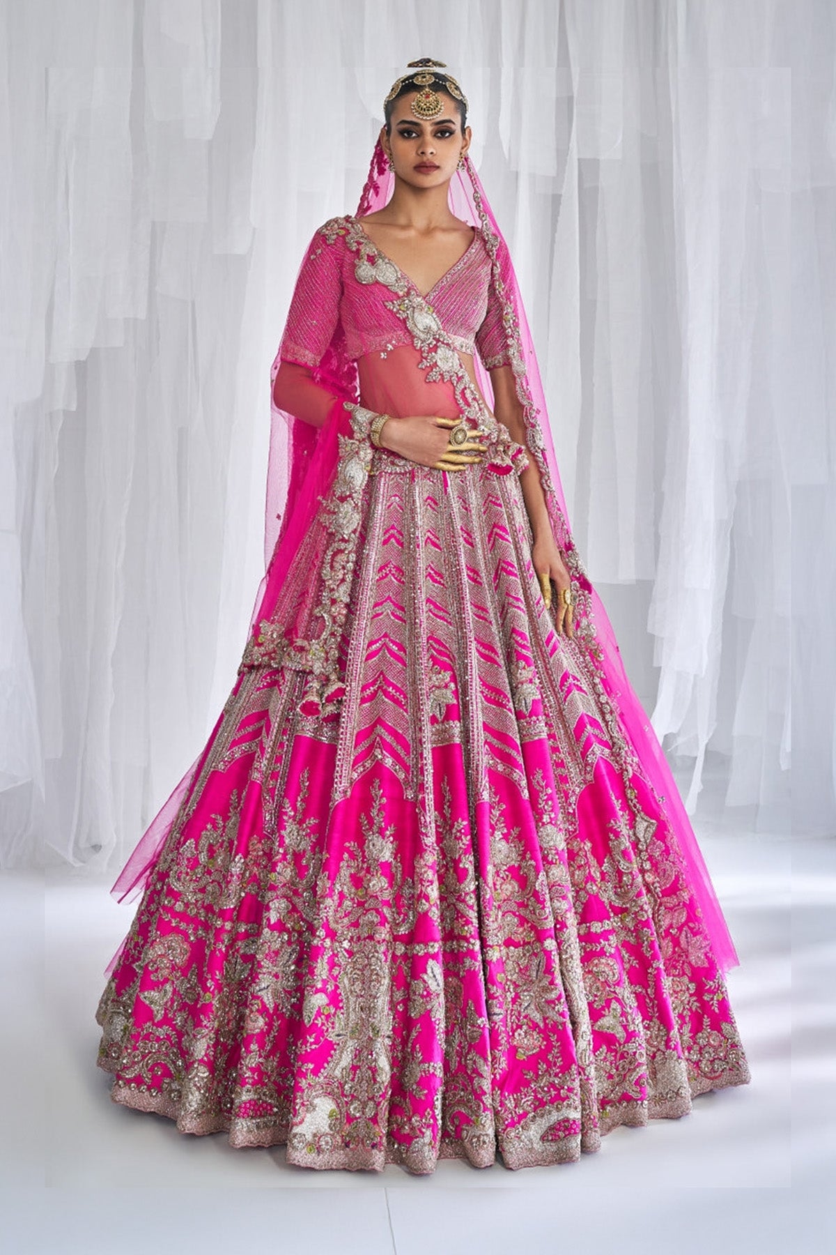 "Cynthia" Fuschia Raw Silk Bridal Lehenga Set